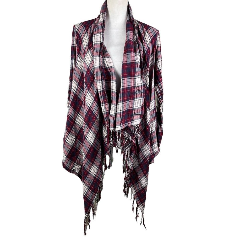 Altar’d State Plaid Lightweight Cotton Cardigan Medium Wine Fringed Coverup